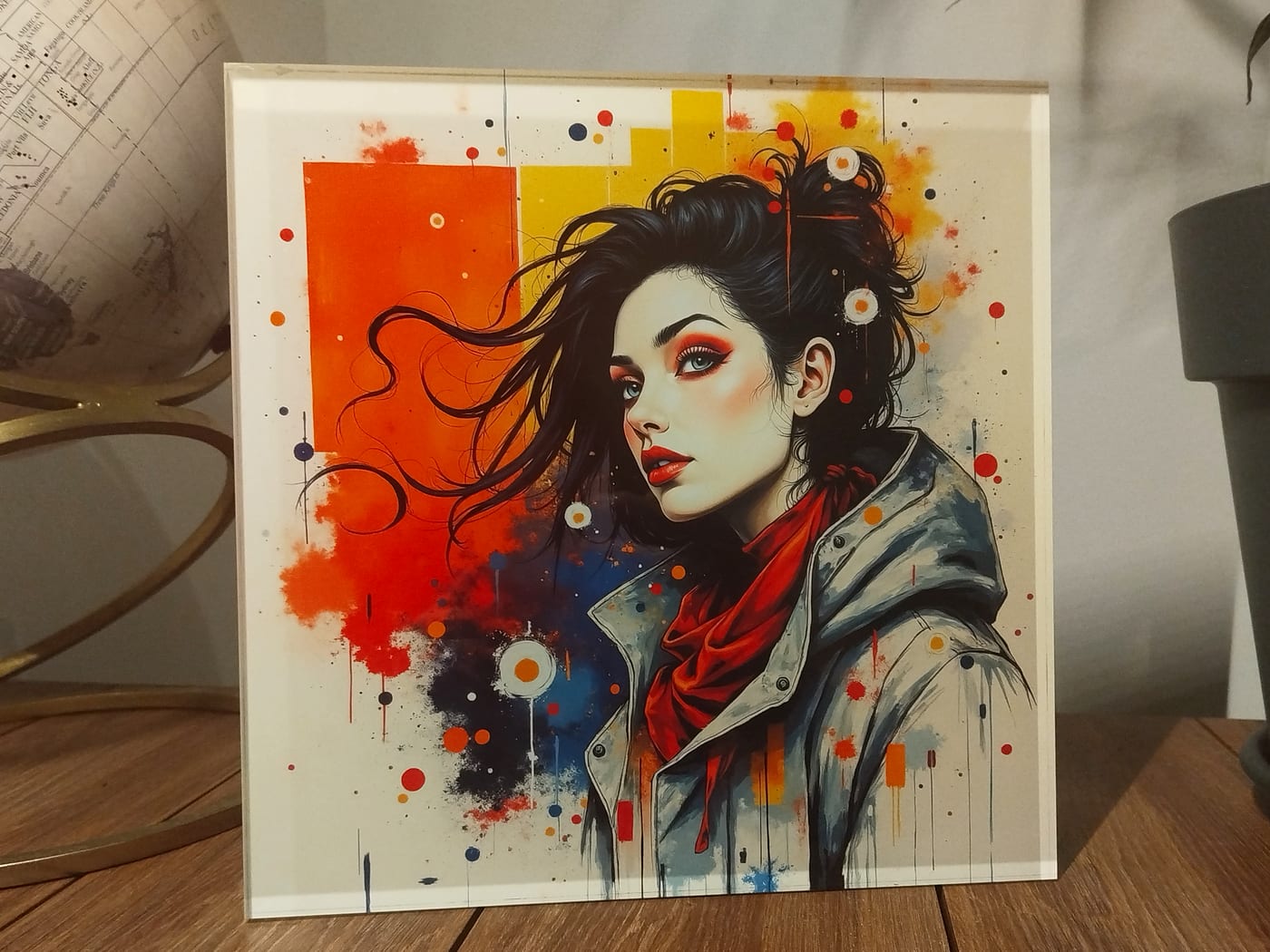 Tableau IA imprimé sous verre acrylique, posé sur un meuble en bois